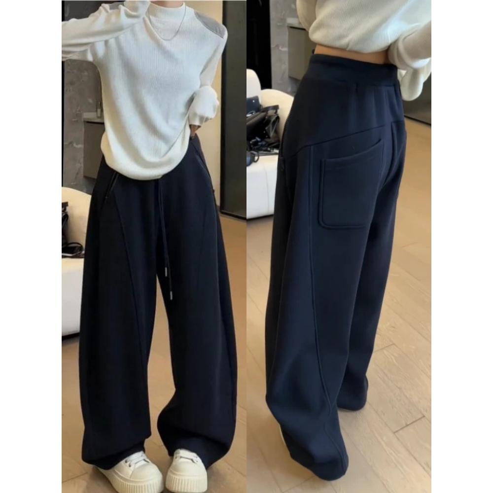 2025秋季新款梨型身材卫裤女高腰显瘦宽松拉链休闲阔腿弯刀长裤子