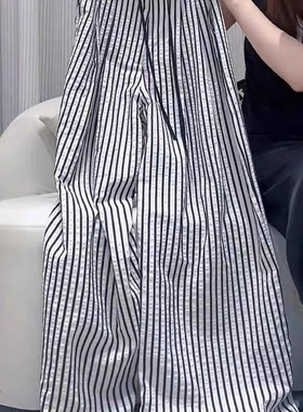 一线品牌折扣捡漏韩版时尚条纹宽松阔腿休闲裤女垂坠薄款山本裤夏