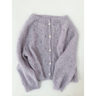 小香风精致花扣镂空香芋紫色马海毛短款毛衣女秋季针织开衫薄外套