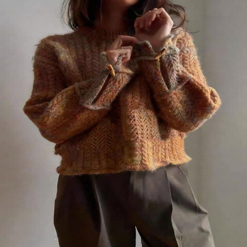 牛X货 巨炸裂！焦糖色牛角扣麻花毛衣女秋冬韩系氛围感针织衫上衣