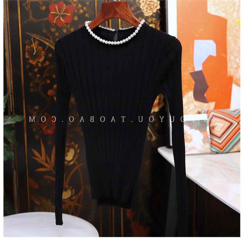 美貌基本款！衬颜值！衬气质！领口钉珍珠坑条修身羊毛衣针织衫女