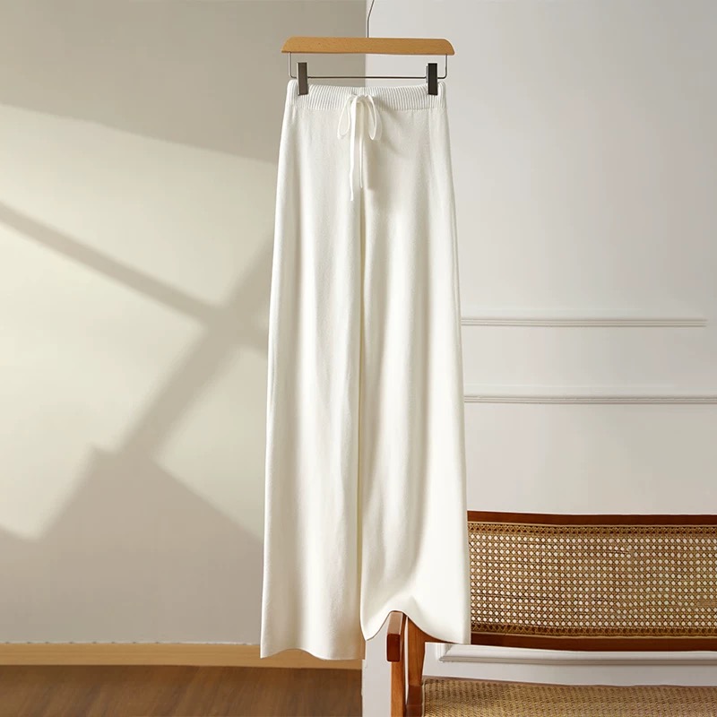 高腰针织阔腿裤女窄版垂感高级感秋冬拖地外穿直筒裤糯米白色裤子