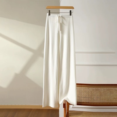 高腰针织阔腿裤女窄版垂感高级感秋冬拖地外穿直筒裤糯米白色裤子