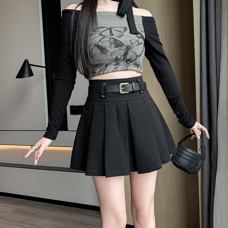 CHAO级推荐!洗水棉高腰压褶短款半身裙女修身显瘦A字小短裙春秋