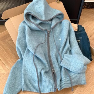原物推荐！韩系时尚双拉链连帽针织开衫毛衣女2025新款慵懒卫衣潮