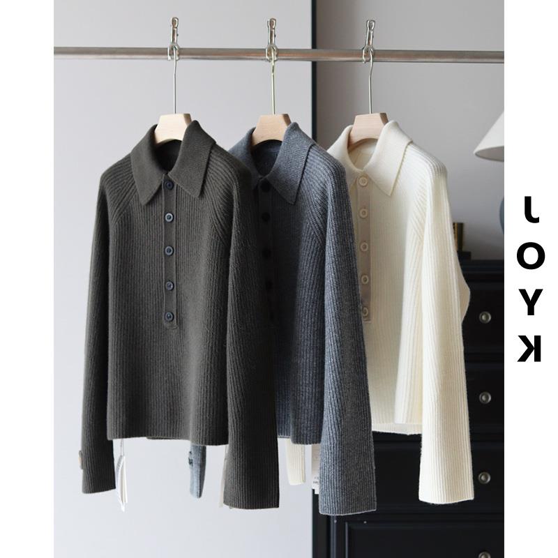 100%山羊绒 坑条POLO领厚款休闲羊绒衫