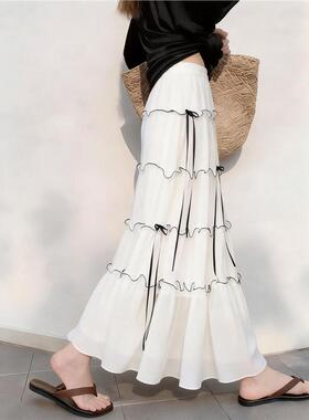 白色蛋糕裙半身裙高腰显瘦多层荷叶边长裙女2026春季小众百搭日常