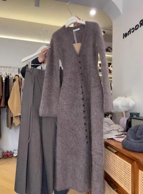 品牌折扣店商场外贸咖色马海毛开衫羊绒针织长款连衣裙女秋冬