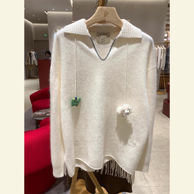 欧货爆款小众设计高级感轻奢上衣时尚气质韩版复古宽松白色毛衣