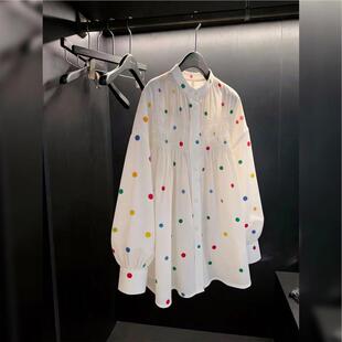 森系小众甜美风白色波点上衣女减龄风宽松显瘦撞色上衣小众2026春