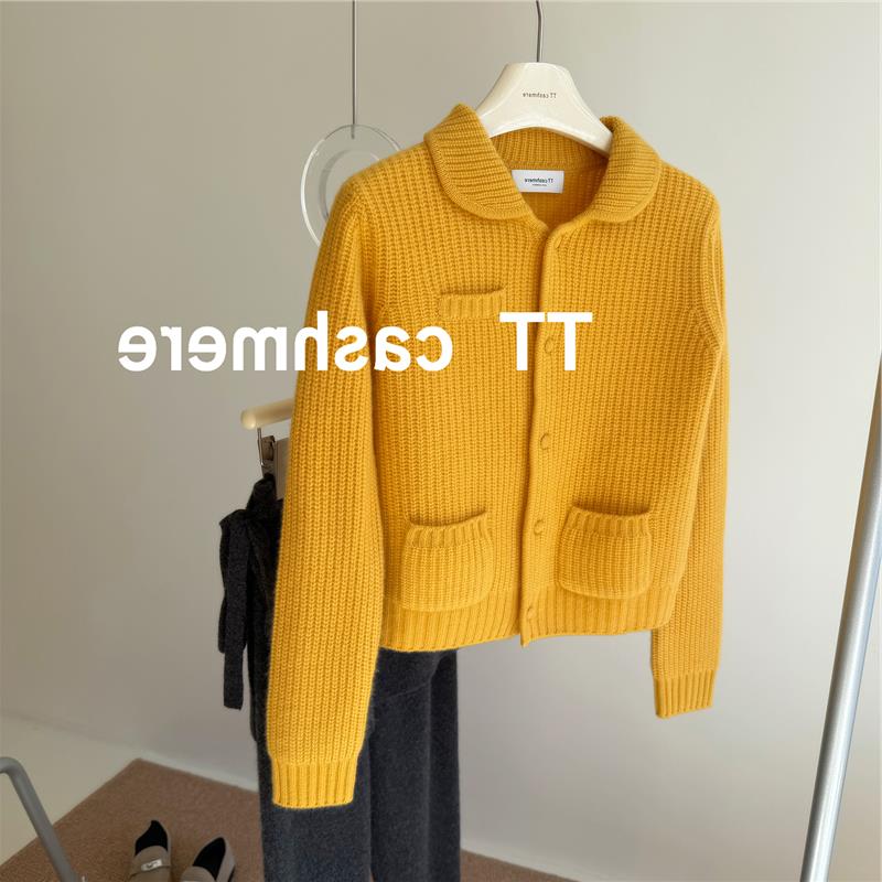 本期TOP.1推荐！山羊绒翻领开衫元宝针短款针织毛衣外套女秋冬