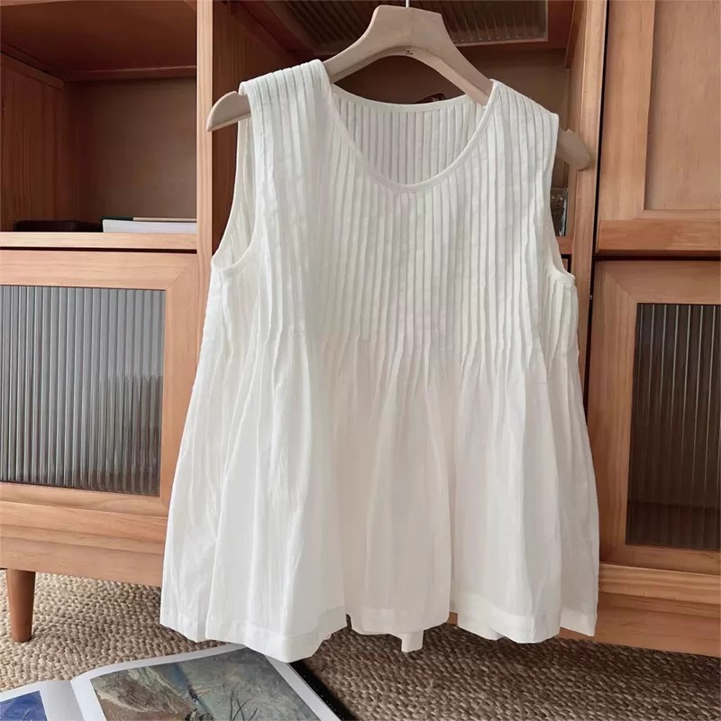白色亚麻无袖衬衫背心女夏季森系小众设计感压褶圆领棉麻坎肩上衣
