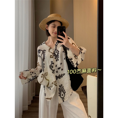 巨巨巨推荐！100苎麻 文艺复古印花衬衫女夏季宽松慵懒风苎麻上衣