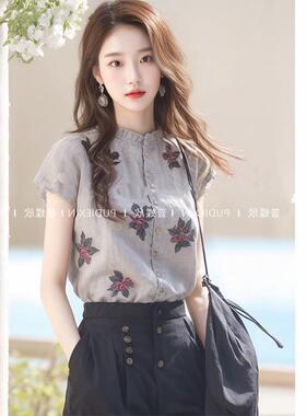 苎麻上衣女洋气高端别致小衫灰色亚麻棉麻印花短袖衬衫夏2024新款