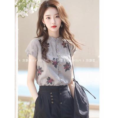 苎麻上衣女洋气高端别致小衫灰色亚麻棉麻印花短袖衬衫夏2024新款