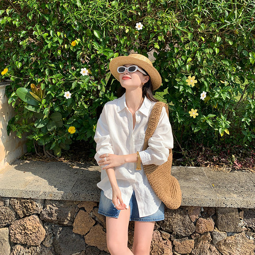 牛X货 巨炸裂！亚麻衬衫女2025夏季韩版宽松长袖防晒衫chic上衣潮