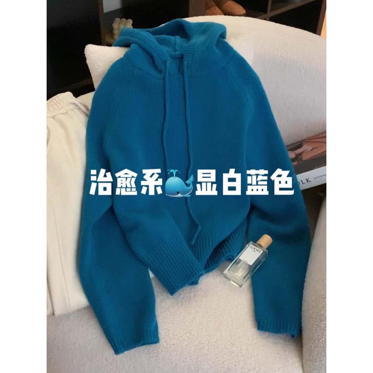 超好看孔雀蓝色连帽毛衣女秋冬季慵懒松弛感羊毛抽绳针织帽衫上衣