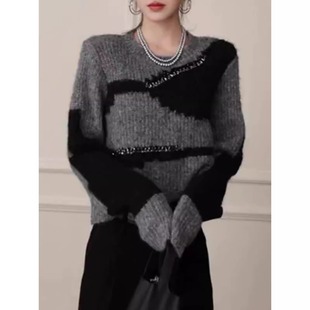 十三行秋装女2026年新款美式小众拼色短款毛衣宽松长袖套头针织衫