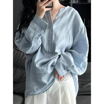 极简老钱风亚麻衬衫天蓝色上衣女早秋小立领半门襟宽松慵懒风衬衣