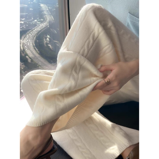 拖地长裤 复古绞花100%纯羊毛针织阔腿裤 女秋冬高腰垂感显瘦直筒裤