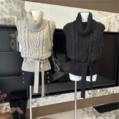 粗针编织立体麻花高领小飞袖 牛X货 巨炸裂 腰带绞花毛衣背心女