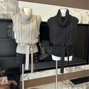 牛X货 巨炸裂!粗针编织立体麻花高领小飞袖腰带绞花毛衣背心女