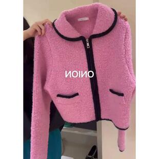 设计感羊绒开衫 CHao级推荐 欧货浣熊绒玫粉色毛衣女秋冬2024新款