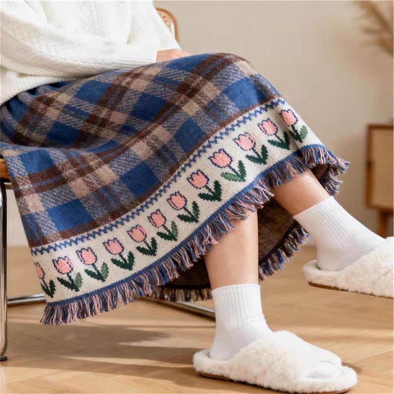 气质复古蓝咖色格纹郁金香提花长裙高级感冬装半身裙法式小资穿搭