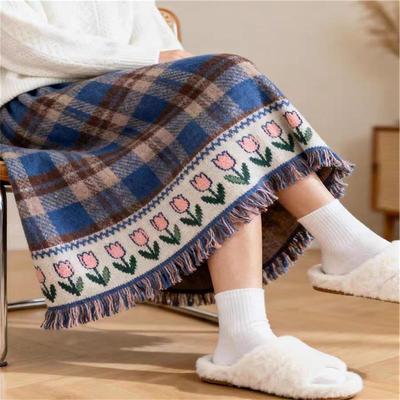 气质复古蓝咖色格纹郁金香提花长裙高级感冬装半身裙法式小资穿搭