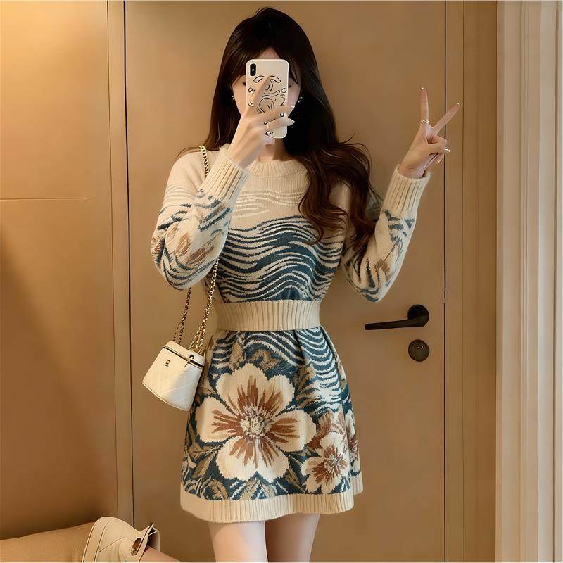 2025秋冬新款费尔岛风提花针织连衣裙女长袖收腰显瘦短裙休闲穿搭