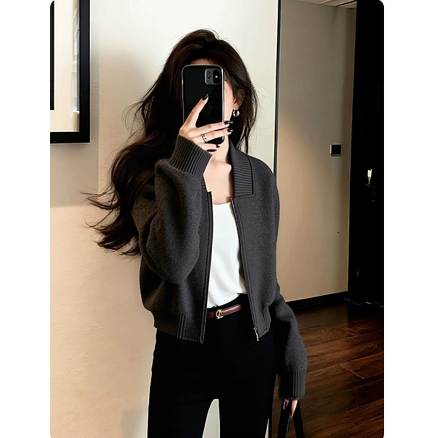 深灰色针织短外套女款2026秋季新款小个子气质百搭棒球服夹克上衣图片