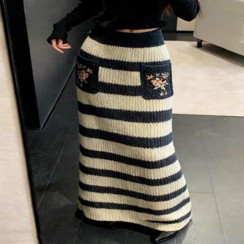 牛X货 巨炸裂！黑白条纹刺绣半身裙女秋冬松紧高腰显瘦包臀长裙子,女装/女士精品,大码半身裙,淘宝优惠券,粉丝福利购,淘宝优惠卷