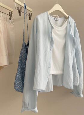 无D推荐！超喜欢的浅蓝色~亚麻小个子简约宽松百搭防晒衬衫短外套