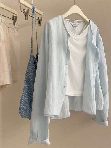 无D推荐！超喜欢的浅蓝色~亚麻小个子简约宽松百搭防晒衬衫短外套