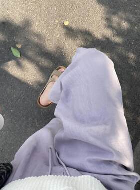 紫色亚麻休闲阔腿裤女夏季薄款今年流行的梧桐裤慵懒松弛直筒裤子