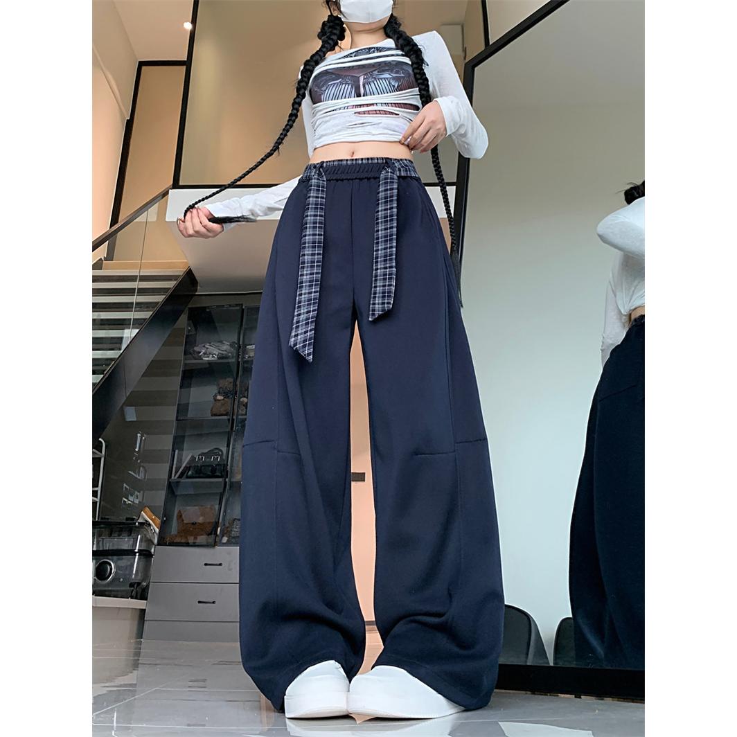 今年流行格纹腰带拼接松紧高腰运动卫裤女春秋宽松阔腿休闲长裤子