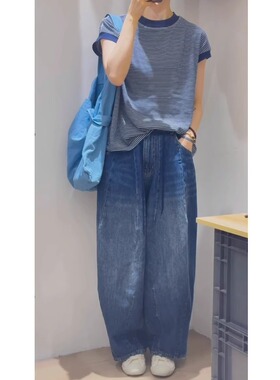 品牌折扣专柜外贸女装蓝色条纹圆领短袖T恤女2024夏小众百搭上衣