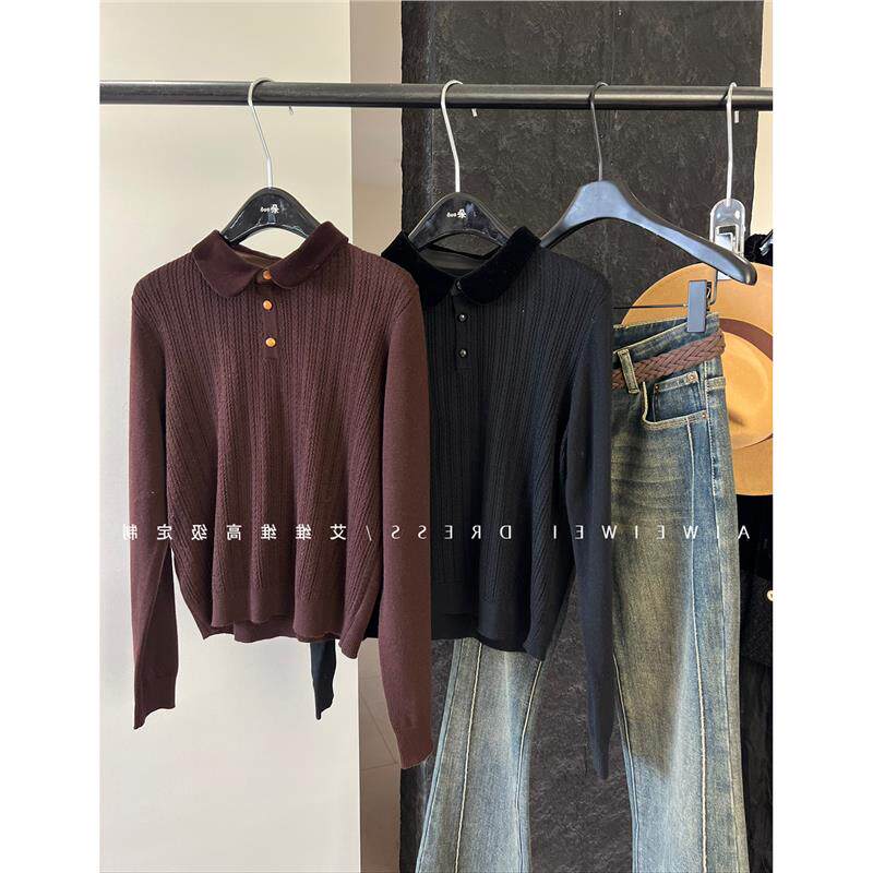 正版设计师！复古丝绒小翻领 老钱法式polo领 绵软羊毛针织衫毛衣