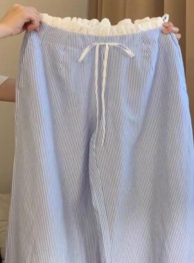 牛X货 巨炸裂！蓝色条纹阔腿裤女夏季小个子木耳腰拼接直筒休闲裤