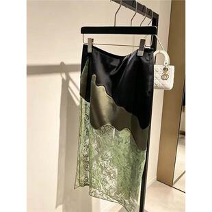 今年流行绿色蕾丝拼接半身裙女巨好看的设计感小众中长款A字裙夏
