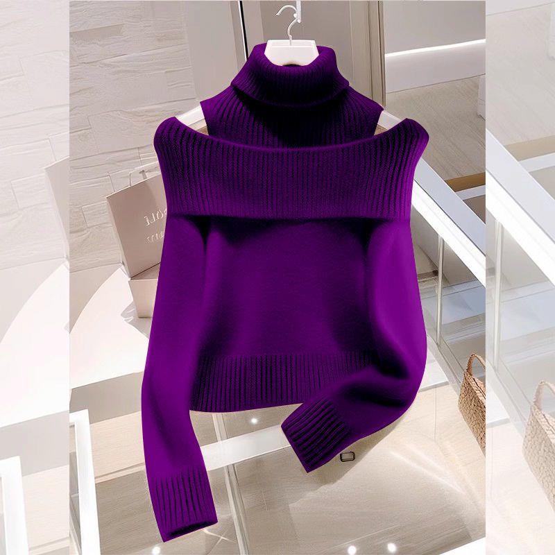 牛X货 巨炸裂！百搭洋气2025年新款紫色假两件高领露肩针织毛衣女