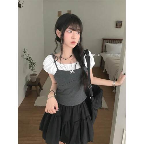 2026新款韩系夏季芭蕾风叠穿蝴蝶结泡泡袖显瘦百搭短袖T恤上衣女