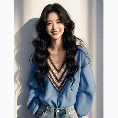 今年流行超好看独特漂亮百搭衬衫蓝色复古条纹v领宽松上衣女早春