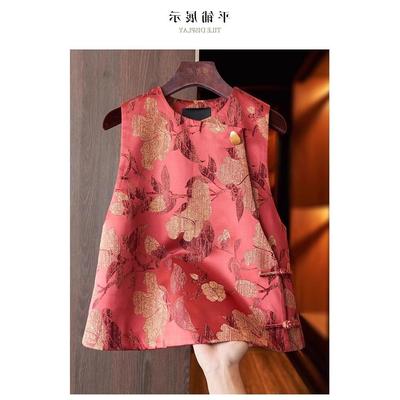 红色高端金线提花新中式马甲背心女改良斜襟盘扣轻国潮风叠穿上衣