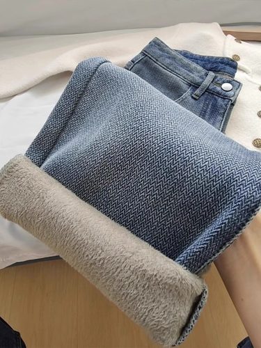 品牌折扣店商场外贸清仓加绒牛仔裤女加厚宽松直筒高腰显瘦阔腿裤