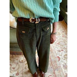 2025年冬季 女高腰显瘦宽松百搭长裤 复古风军绿色灯芯绒阔腿裤 美式