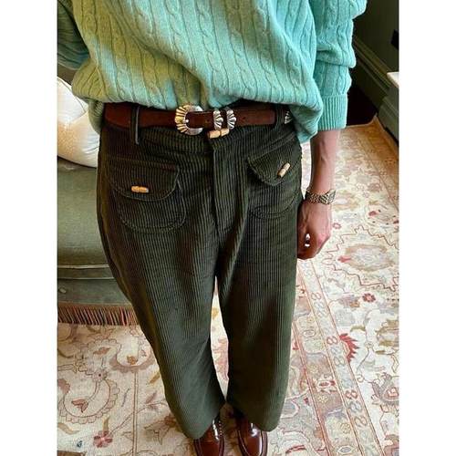美式复古风军绿色灯芯绒阔腿裤女高腰显瘦宽松百搭长裤2025年冬季