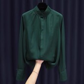 女气质天丝上衣洋气别致小衫 复古盘扣立领绿色衬衫 巨炸裂 牛X货