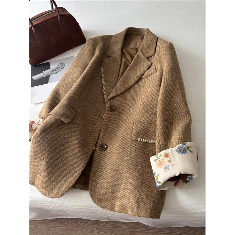NO.1推荐！刺绣拼接呢子大衣女毛呢外套小个子赫本风韩系加厚西装
