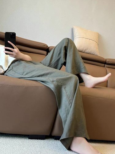 慵懒风高级感灰绿色亚麻休闲裤女2024新款高腰显瘦宽松直筒阔腿裤